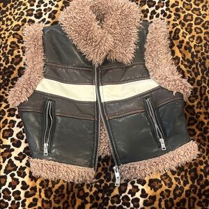Faux Shearling Trim Leather Vest - Brown & Blush